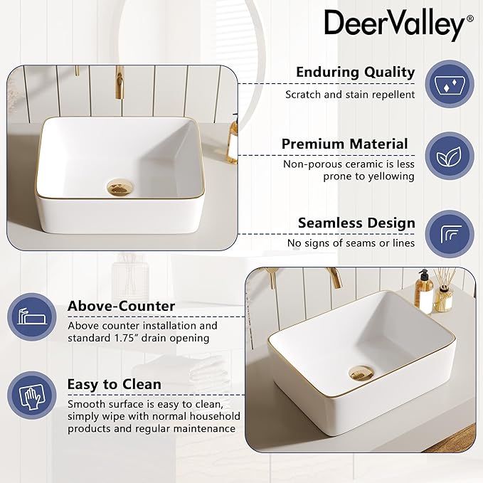 DeerValley Liberty 16x12 Inch Rectangular Vessel Sink, White Ceramic Basin with Gold Band, Above Counter Bathroom Sink, DV-1V0366