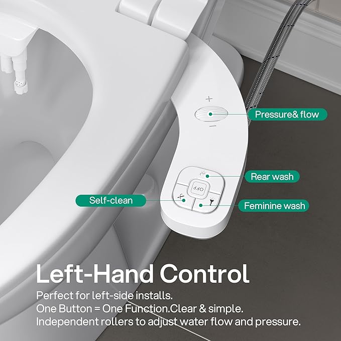 hansrapo Left-Hand Bidet Attachment– Non-Electric Dual Nozzle for Rear & Feminine Wash, Adjustable Pressure & Flow, Ultra-Slim Design,Independent Self-Clean Function, Quick-Release for Easy Cleaning