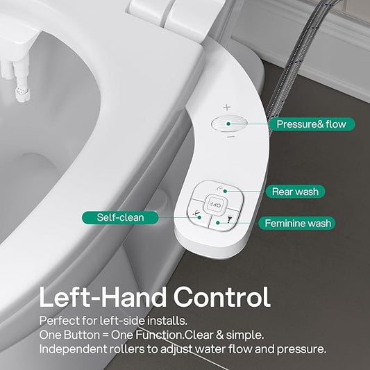 hansrapo Left-Hand Bidet Attachment– Non-Electric Dual Nozzle for Rear & Feminine Wash, Adjustable Pressure & Flow, Ultra-Slim Design,Independent Self-Clean Function, Quick-Release for Easy Cleaning