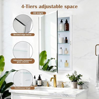 16x26'' Bathroom Medicine Cabinet Mirror with Storage, Surface Mount or Recessed Medicine Cabinet with 4-Tiered Adjustable Tempered Glass Shelves