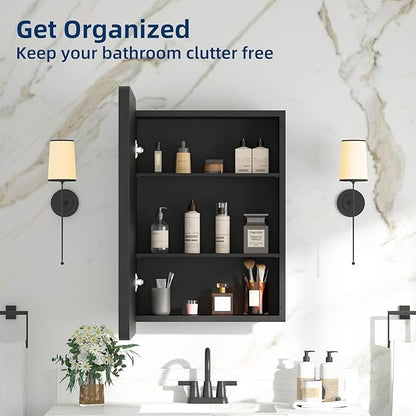 Bathroom Medicine Cabinet with Mirror 16 x 24 Inch, Black Medicine Cabinet Recessed or Surface Wall-Mounted, Mirrored Cabinets with 2 Adjustable Shelves for Bathroom Vanity