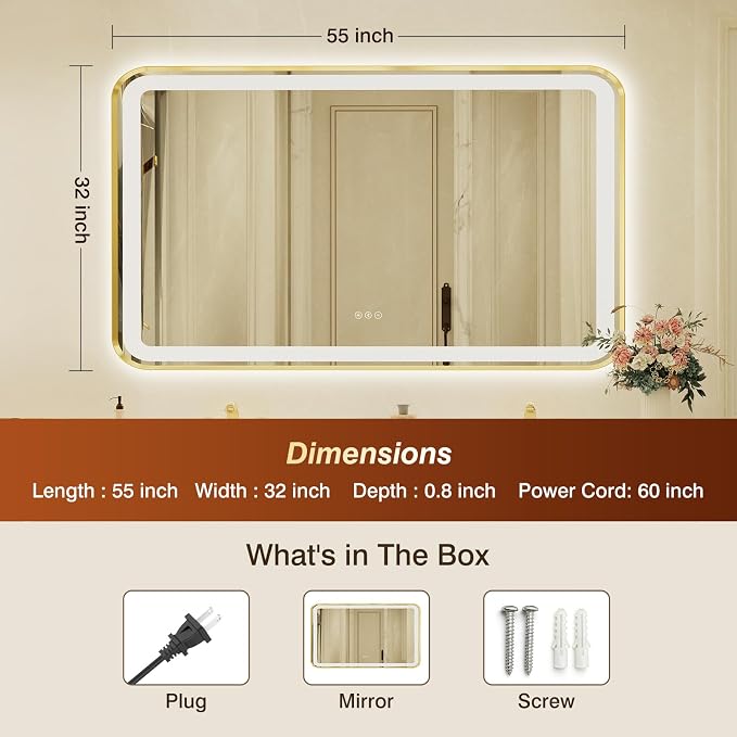 32x55 Inch Gold Framed LED Bathroom Mirror with Lights, Built-in Bluetooth Speaker,Tempered Glass,Dimmable Lighted Bathroom Vanity Mirror with 3 Colors, Backlit + Frontlit, Memory, Anti-Fog