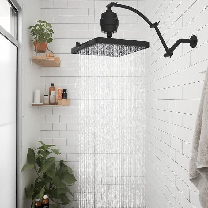 Hibbent Rain Filtered Shower Head, 13'' High Pressure Rainfall 5 Modes Showerhead with 16" Shower Head Extension Arm, Solid Brass Adjustable Shower Arm Extender, 20 Stage Shower Filter, Matte Black