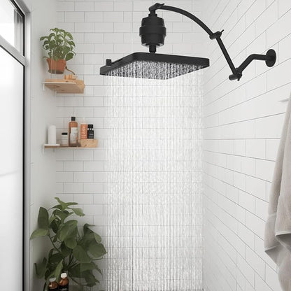 Hibbent Rain Filtered Shower Head, 13'' High Pressure Rainfall 5 Modes Showerhead with 16" Shower Head Extension Arm, Solid Brass Adjustable Shower Arm Extender, 20 Stage Shower Filter, Matte Black