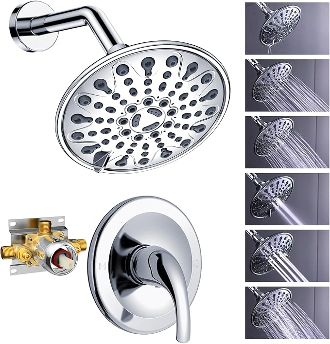 EMBATHER Shower Faucet Set, Single Handle Control Shower Valve and Trim Kit, Shower Faucets Sets Complete with 6 Inch Rain Shower Head, Polished Chrome