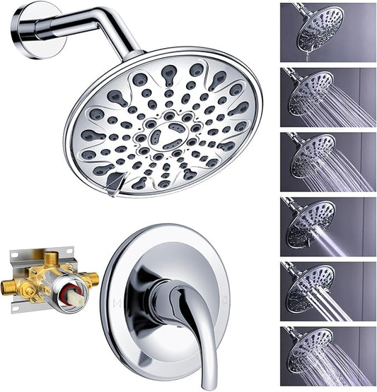 EMBATHER Shower Faucet Set, Single Handle Control Shower Valve and Trim Kit, Shower Faucets Sets Complete with 6 Inch Rain Shower Head, Polished Chrome