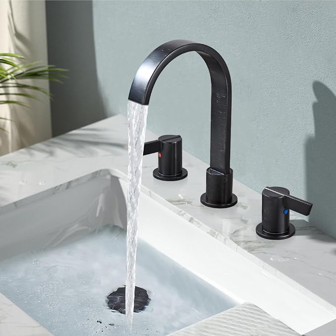 Midanya 8 Inch Widespread Bathroom Sink Faucet 3 Hole,Oil Rubbed Bronze | Waterfall Swivel Spout,2 Handle,SUS304,with Pop Up Drain,cUPC 24" Water Hose,for 6-16” hole distance vanity,RV,Farmhouse Sink