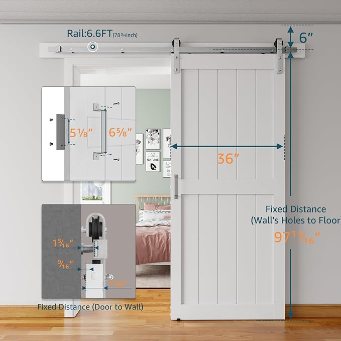 36''x96'' Sliding Barn Door with 6.6 Ft Brushed Nickel Hardware | Pre-Drilled Holes Easy Assembly - Include Installation Manual, Water-Proof PVC Surface, H-Frame, White