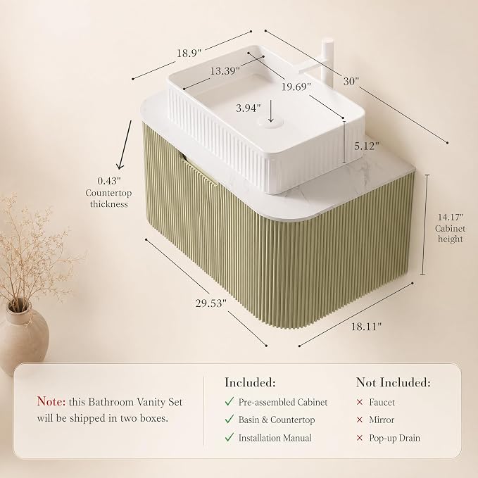 30 Inch Bathroom Vanity with Sink, Floating Wall Mounted Single Sink Vanity, Sage Green Curved Fluted Front, Stone Top, White Textured Rectangular Vessel Basin, Pre-Assembled