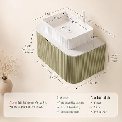 30 Inch Bathroom Vanity with Sink, Floating Wall Mounted Single Sink Vanity, Sage Green Curved Fluted Front, Stone Top, White Textured Rectangular Vessel Basin, Pre-Assembled