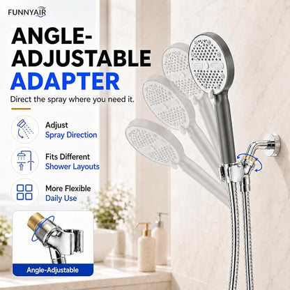 High Pressure Shower Head, Stick-on Low Mount Wall Bracket, Grey | 5 Spray Modes, Water-Saving, 360° Adjustable Bracket, For Low Water Pressure Home, RV, Bathroom, Fix Firmly Kid-Friendly