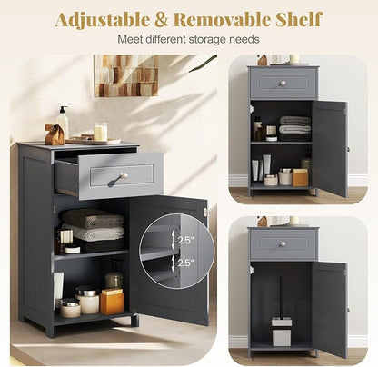 Giantex Floor Bathroom Storage Cabinet with Adjustable Shelf (Grey) | Freestanding Cabinet with Drawer, Door, Anti-Tipping Device, Storage Organizer for Sofa Side, Bathroom, Living Room