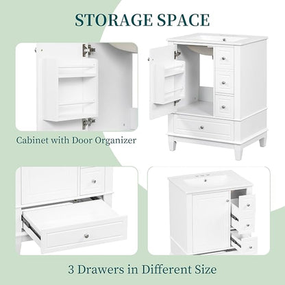 Bathroom Vanity with Ceramic Sink 24 Inch, Cabinet with One Door and Three Drawers, Soft-Closing Door, Solid Wood Legs, White