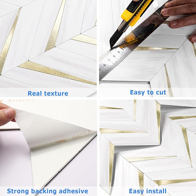 STICKGOO Herringbone Tile Peel and Stick Backsplash for Kitchen&Bathroom | 10-Sheet Self Adhesive Wall Tiles, Dolomite White Mixed Light Gold PVC Stick on Backsplash Tile for Kitchen,Bathroom