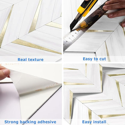 STICKGOO Herringbone Tile Peel and Stick Backsplash for Kitchen&Bathroom | 10-Sheet Self Adhesive Wall Tiles, Dolomite White Mixed Light Gold PVC Stick on Backsplash Tile for Kitchen,Bathroom