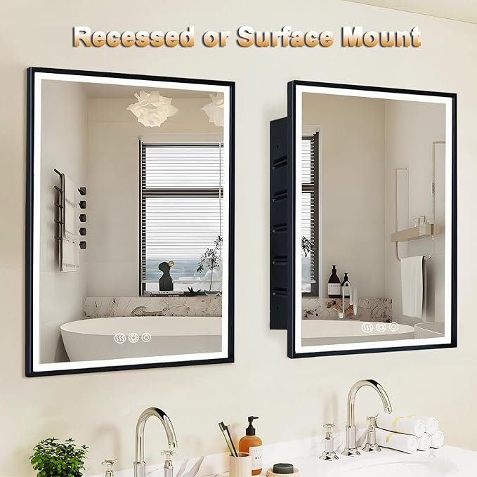 LED Lighted Medicine Cabinet with Mirror, Recessed or Wall Mounted Bathroom Mirror with Storage, Anti-Fog, 3-Color Dimming, Adjustable Shelves, Black Metal Frame - 14x18 inch