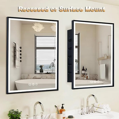 LED Lighted Medicine Cabinet with Mirror, Recessed or Wall Mounted Bathroom Mirror with Storage, Anti-Fog, 3-Color Dimming, Adjustable Shelves, Black Metal Frame - 14x18 inch