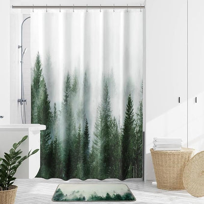 ORTIGIA 54x78 Misty Forest Stall Shower Curtain for Small Bathroom, Green Narrow Nature Woodland Shower Curtain Set with Hooks, Waterproof Fabric Pine Tree Fog Magic Home Bath Curtain