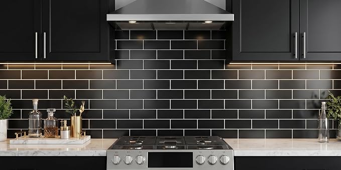 80-Piece Polished Black Thick PVC Peel and Stick Backsplash, 2" x 8" Waterproof Subway Tile Peel and Stick Wall Tiles for Kitchen and Bathroom
