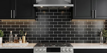 80-Piece Polished Black Thick PVC Peel and Stick Backsplash, 2" x 8" Waterproof Subway Tile Peel and Stick Wall Tiles for Kitchen and Bathroom