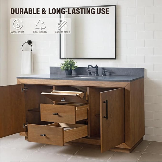HOMEBEYOND 60" Bathroom Vanity with Single Sink & Ceramic Top, MDF Material Vanity Cabinet with Basin Combo, Soft-Closing Doors, Removable Shelf, Backsplash, Tan