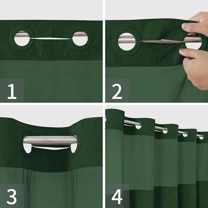 eachope No Hook Fabric Shower Curtain with Snap-in Liner,71x74Emerald Green | Linen Texture,230GSM Thick Fabric,Hotel Luxury Decor,Mesh Window,Bottom magnetic ,Waterproof & Machine Washable,for Bathroom
