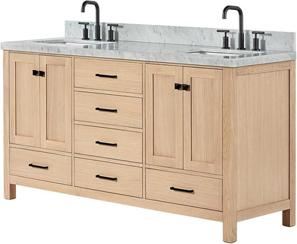 ARIEL Cambridge 66-inch Bathroom Vanity with Sink,Solid Wood, 1.5-inch Italian Carrara Marble Countertop, Double Rectangular Porcelain Sink, 4 Soft Closing Doors, 6 Dovetail Drawers, White Oak