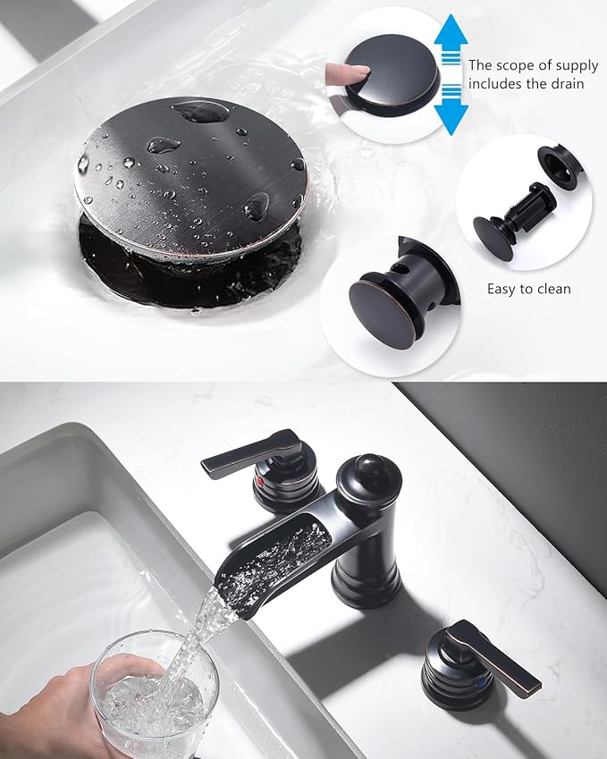 Fapully Oil Rubbed Bronze Bathroom Sink Faucet, Waterfall Bathroom Faucets 3 Hole, 8 Inch Widespread Bathroom Faucet with Pop-up Drain, 2-Handle Faucet for Bathroom Sink Vanity RV