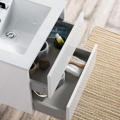 Blossom 24" Modern Bathroom Vanity and Sink Combo - Zero MDF Marine Grade Plywood Wall Mount Vanity - Preassembled Small Space Bathroom Storage, Glossy White Floating Sink Cabinet
