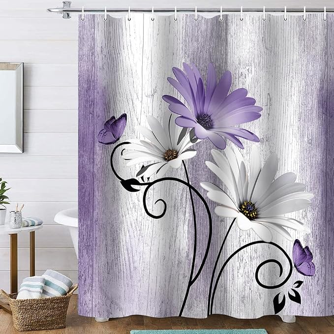 Onalasyc 4PCS Purple Daisy Bathroom Sets with Shower Curtain and Rugs | Country Floral Butterfly Shower Curtain Set,Modern Bathroom Decor Shower Curtains Set with Rugs Toilet Lid Cover and 12 Hooks