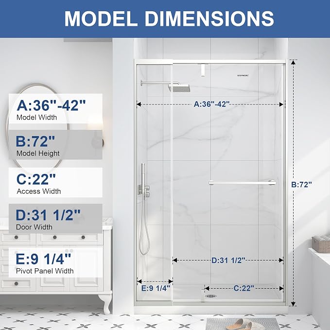 36-42" W x 72" H Semi Frameless Pivot Shower Door Brushed Nickel | 1/4"(6mm) SGCC Tempered Glass with Explosion-Proof Film &Nano Coating,Customizable Width