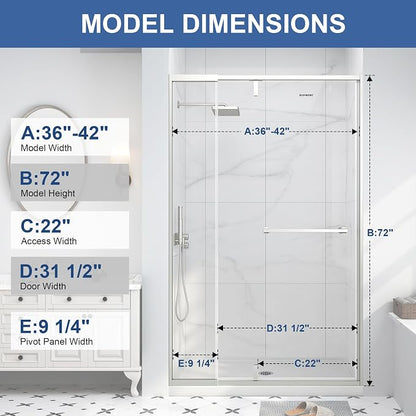 36-42" W x 72" H Semi Frameless Pivot Shower Door Brushed Nickel | 1/4"(6mm) SGCC Tempered Glass with Explosion-Proof Film &Nano Coating,Customizable Width