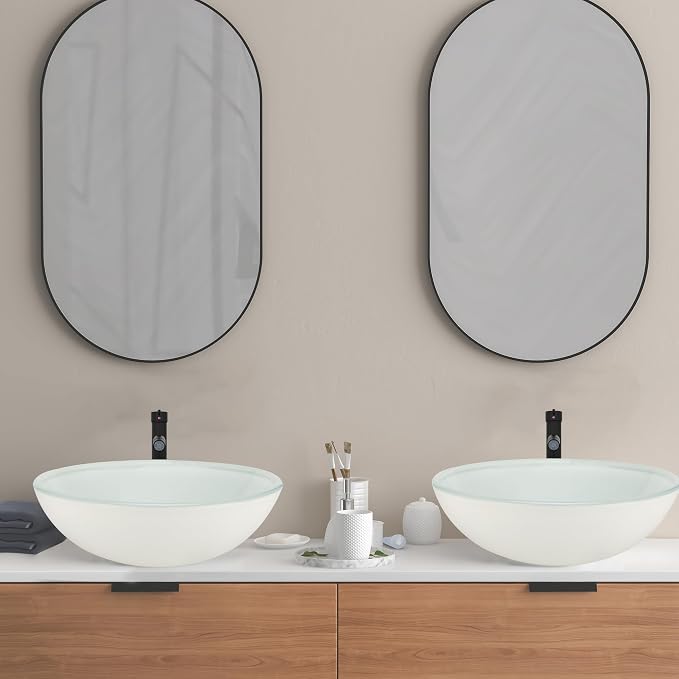 16.5" White Glass Vessel Sink with Faucet and Drain – Modern Round Countertop Bathroom Sink Bowl, Transparent Above Counter Vanity Basin for Small Spaces
