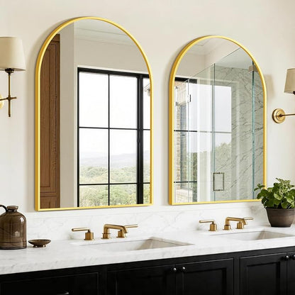 FGU Arched Bathroom Mirror for Over Sink 2 Pack 38"x26" Gold Vanity Mirror | Wall Mounted, HD Tempered Shatter-Proof Glass, Rust-proof Arched Metal Frame, Arch Mirror for Bedroom, Living Room, Entryway