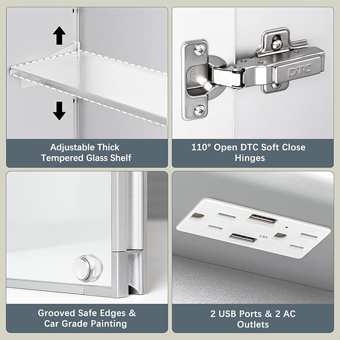 24x30 Inch Medicine Cabinet with Lights, AL Alloy Frame, Plug-in or Hardwired, Recessed or Surface Mount, 3 Colors/Dimmable/Interior Light/Defog, 2 Outlets & USBs, 2 Shelves (Right Hinge)