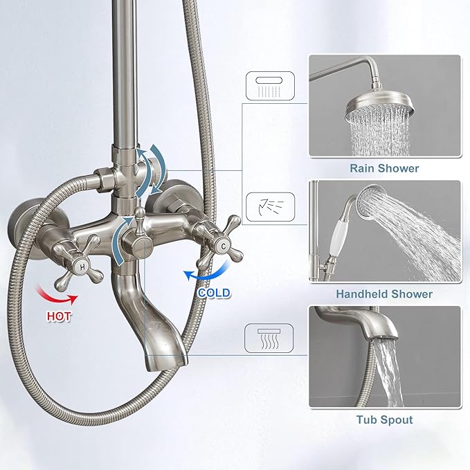 BWE Exposed Bathroom Shower Faucet Set Brushed Nickel Bathroom Shower Faucet Triple Functions 8 Inch Rainfall Shower Head Handheld Spray with Tub Spout Exposed Shower System Double Handle