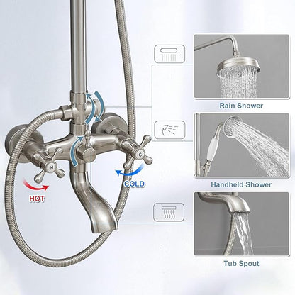 BWE Exposed Bathroom Shower Faucet Set Brushed Nickel Bathroom Shower Faucet Triple Functions 8 Inch Rainfall Shower Head Handheld Spray with Tub Spout Exposed Shower System Double Handle