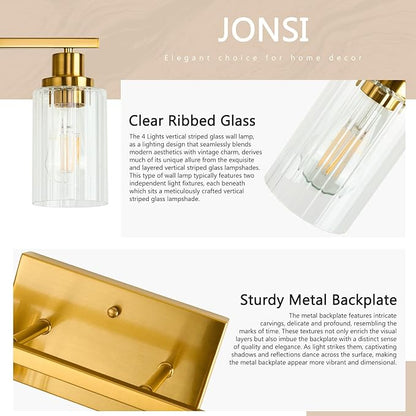 Jonsi Brushed Gold Bathroom Light Fixtures, 4-Light Brushed Gold Vanity Light, Bathroom Vanity Light with Stripe Glass Shade, E26 Wall Sconces Over Mirror for Bathroom, Living Room, Hallway