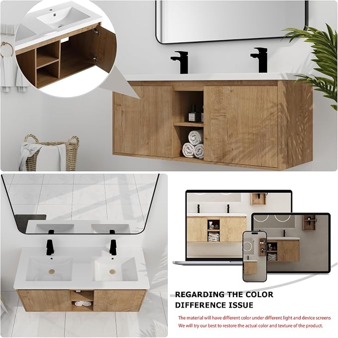 Floating Bathroom Vanity, 48" Bathroom Storage Cabinet with Double Resin Sinks, 2 Soft-Close Doors & 2 Open Storage Shelves, Modern Wall-Mounted Vanity with 45° Bevel Handles, Oak