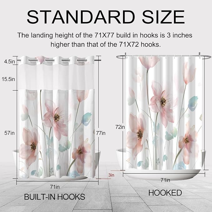 No Hook Shower Curtain and Liner Set, Light Pink Boho Floral 71x77 | Watercolor Boho Flower, with Snap in Liner, Mesh Top Window, Waterproof, Machine Washable, Quick-Drying, for Hotel Bathroom