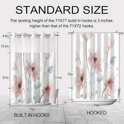 No Hook Shower Curtain and Liner Set, Light Pink Boho Floral 71x77 | Watercolor Boho Flower, with Snap in Liner, Mesh Top Window, Waterproof, Machine Washable, Quick-Drying, for Hotel Bathroom