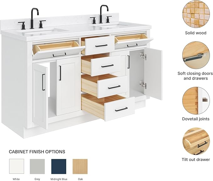 ARIEL Hepburn 60-inch Bathroom Vanity with Sink,Solid Wood, 1.5-inch Carrara White Quartz Countertop & Backsplash, Double Rectangular Porcelain Sink, 4 Soft Closing Doors, 6 Dovetail Drawers, White