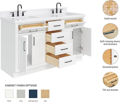 ARIEL Hepburn 60-inch Bathroom Vanity with Sink,Solid Wood, 1.5-inch Carrara White Quartz Countertop & Backsplash, Double Rectangular Porcelain Sink, 4 Soft Closing Doors, 6 Dovetail Drawers, White