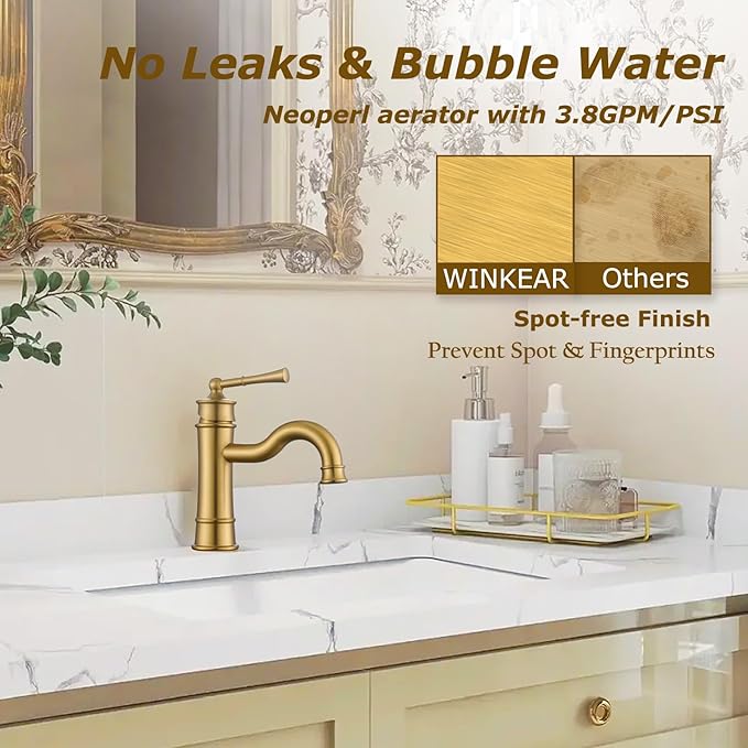 Roman Bathroom Sink Faucet Brushed Gold Single Hole Deck-Mount Pop-up Drain Assembly with Overflow Deck Plate and Water Supply Lines Included