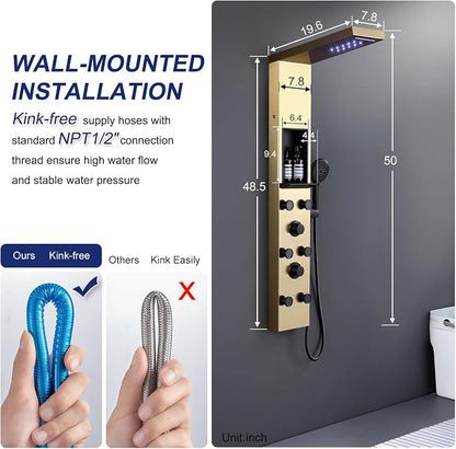 ROVATE LED Rainfall Waterfall Shower Panel Tower with Shelf, Brushed Gold | Powerful Stainless Steel Shower Column with 6 Angle Adjustable Body Massage Jets, Self-Cleaning 5-Setting Handheld