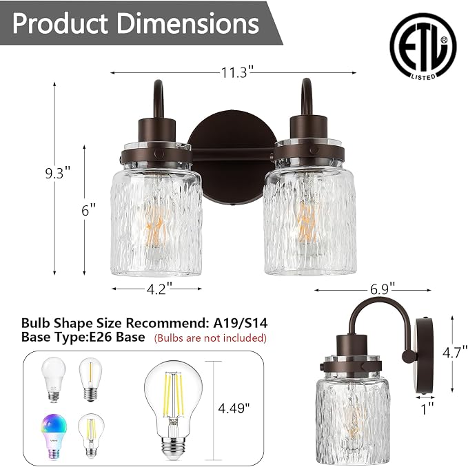 2 Lights Bathroom Vanity Light, Oil Rubbed Bronze Bathroom Light Fixtures with Hammered Glass Lampshade for Dressing Table,Over Mirror,Hallway