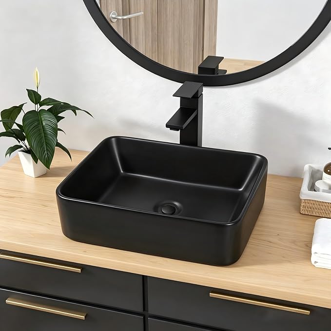 Vessel Sink Rectangular - 19"x15" Modern Bathroom Rectangle Above Matte Black Porcelain Ceramic Vessel Vanity Sink Art Basin