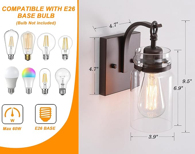 Wall Sconces Set of Two, Oil Rubbed Bronze Sconces Wall Lighting Fixtures with Clear Glass Indoor Farmhouse Bathroom Wall Sconce for Bathroom Hallway Stairwell