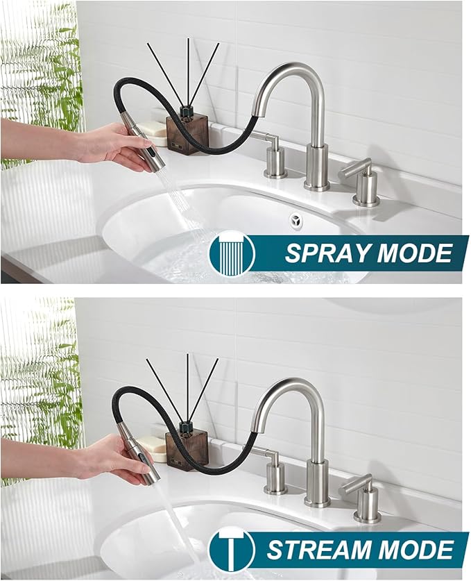 Tohlar Bathroom Faucet with Sprayer, Widespread Bathroom Faucets Brushed Nickel 8 Inch Basin Sink Tap 3 Holes, 2 Handle Vanity Faucet with Pull Out Sprayer Pop Up Drain Assembly Included