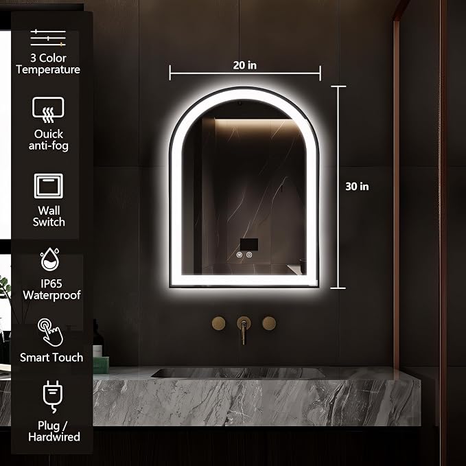 Arched LED Bathroom Mirror, 32"x20" Arch Backlit Vanity Mirror with Lights, Frontlit, Dimmable, 3 Colors, Memory Function, Anti-Fog Smart Mirror, Black Frame, Shatterproof, UL Listed